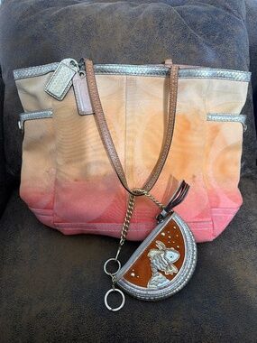 Coach Canvas Tote + Fish Coin Purse Keychain Bundle